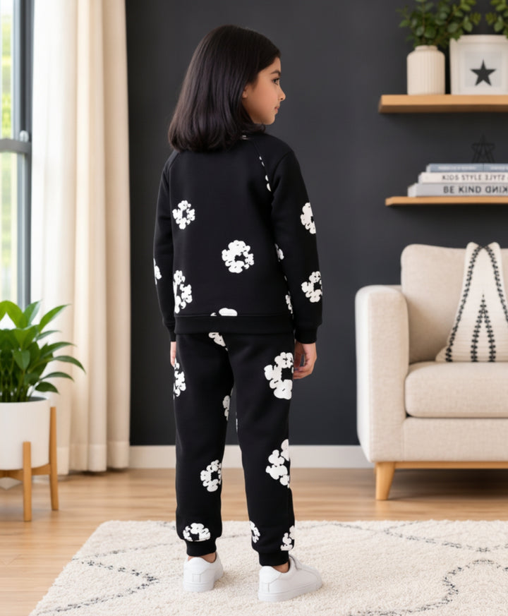 POP BLACK &amp; WHITE GIRLS FLEECE SWEATSHIRT JOGGER SET - BLACK