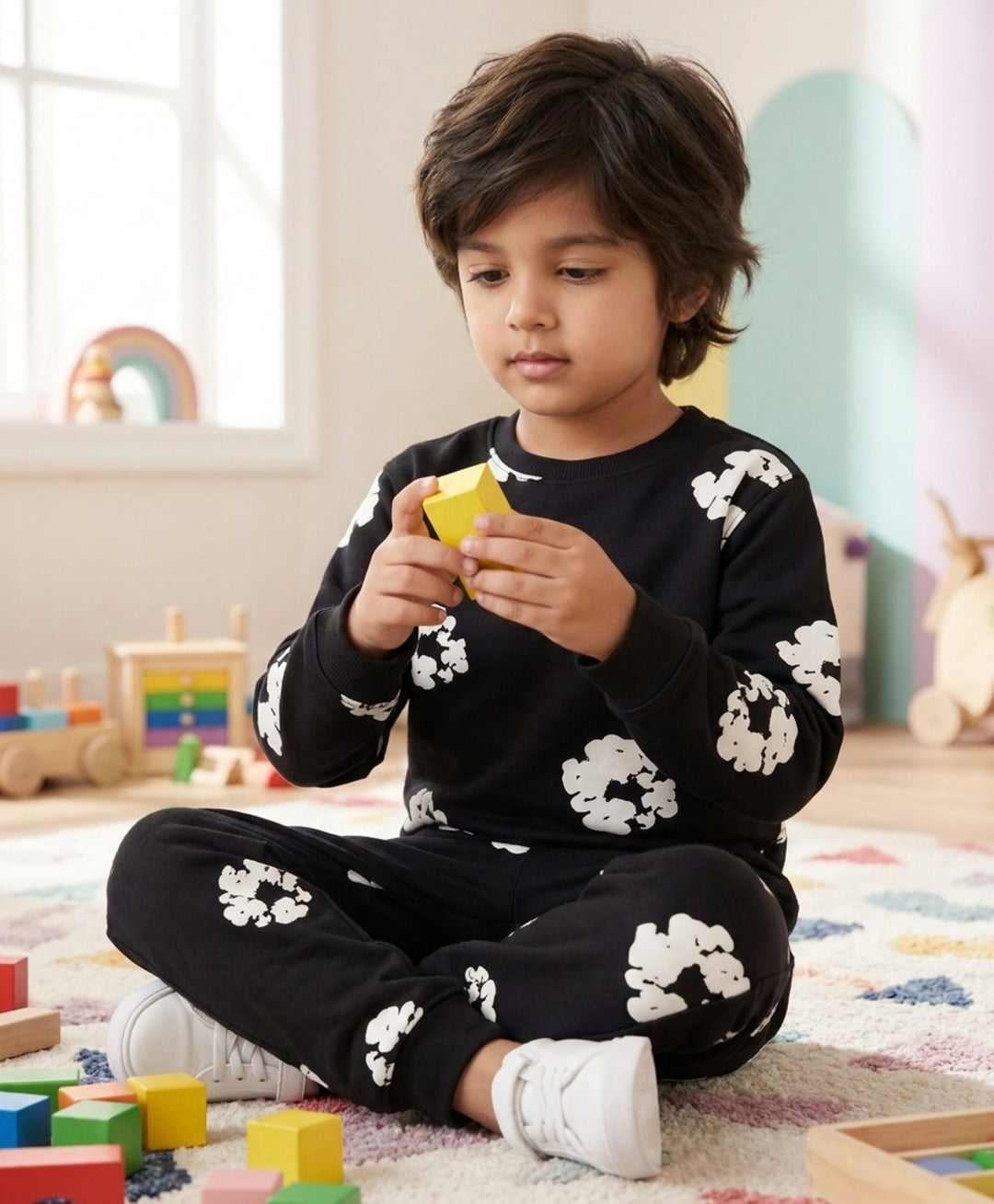 POP BLACK &amp; WHITE FLEECE SWEATSHIRT JOGGER SET - BLACK