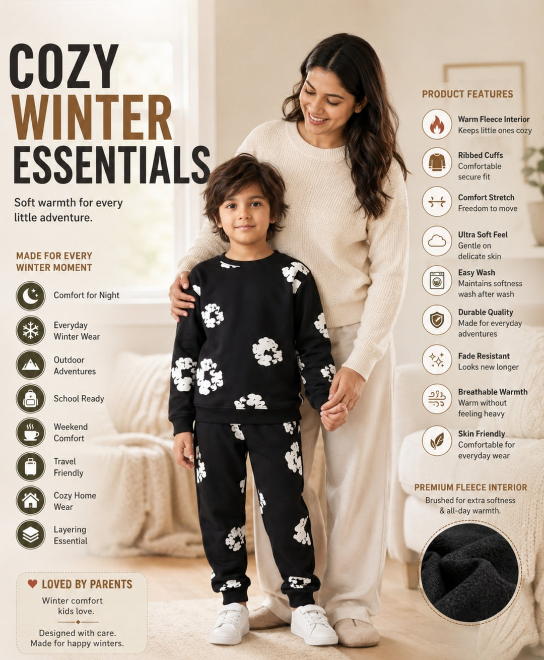 POP BLACK &amp; WHITE FLEECE SWEATSHIRT JOGGER SET - BLACK