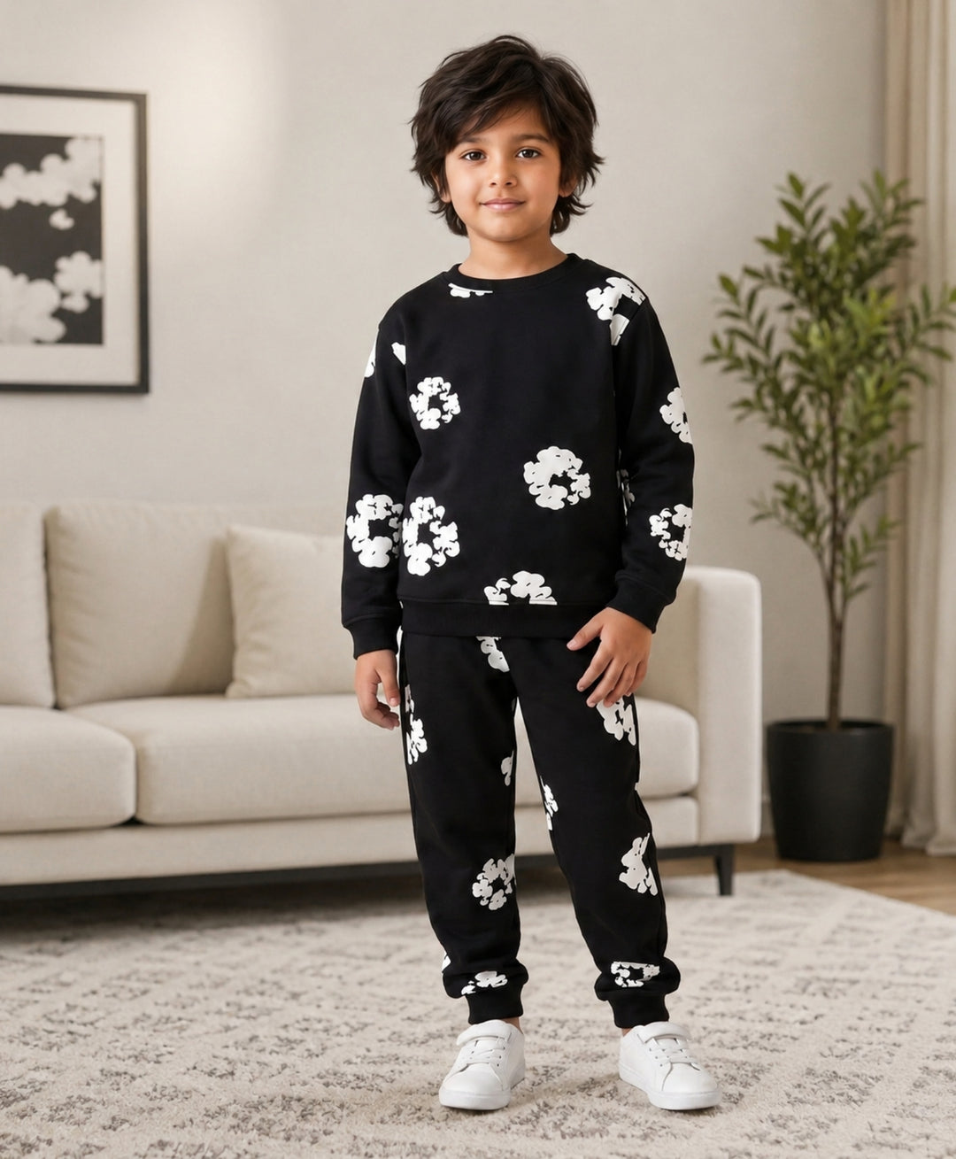 POP BLACK &amp; WHITE FLEECE SWEATSHIRT JOGGER SET - BLACK