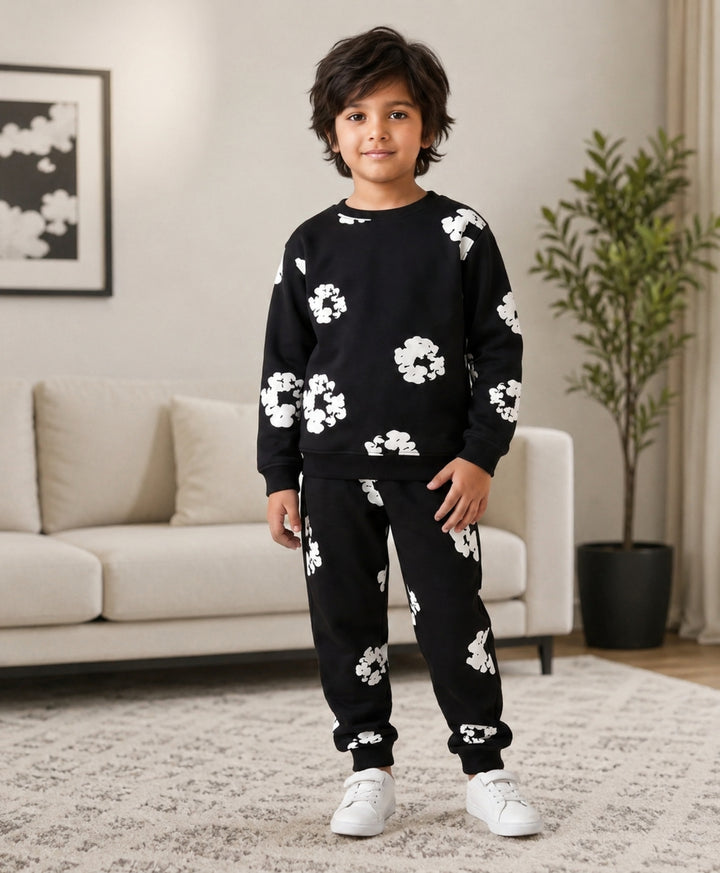 POP BLACK &amp; WHITE FLEECE SWEATSHIRT JOGGER SET - BLACK