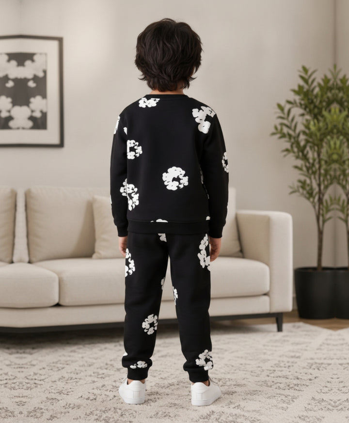 POP BLACK &amp; WHITE FLEECE SWEATSHIRT JOGGER SET - BLACK