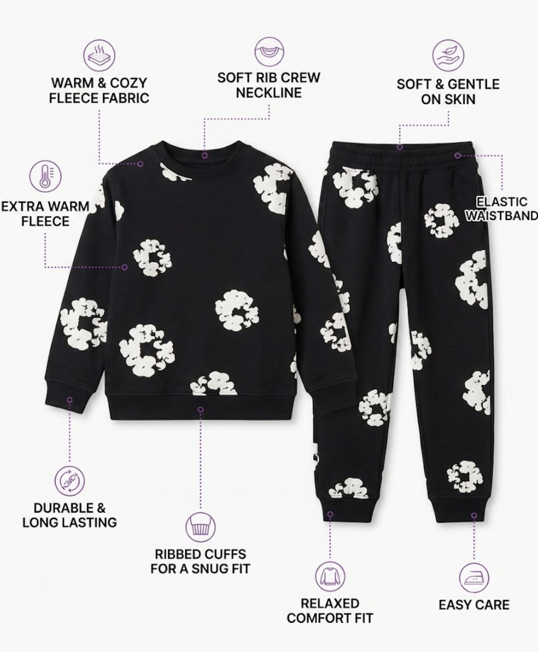 POP BLACK &amp; WHITE FLEECE SWEATSHIRT JOGGER SET - BLACK