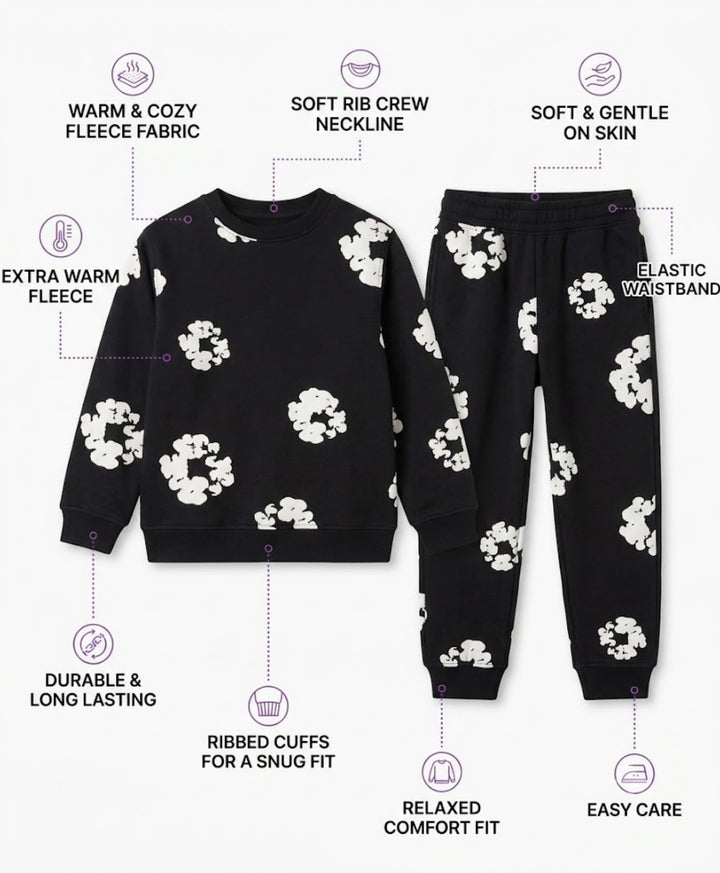 POP BLACK &amp; WHITE FLEECE SWEATSHIRT JOGGER SET - BLACK