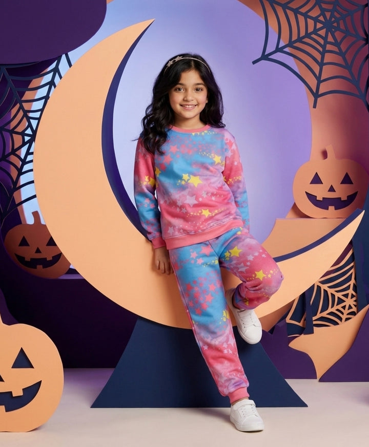 TIE DYE STAR GIRLS FLEECE SWEATSHIRT JOGGER SET - PINK
