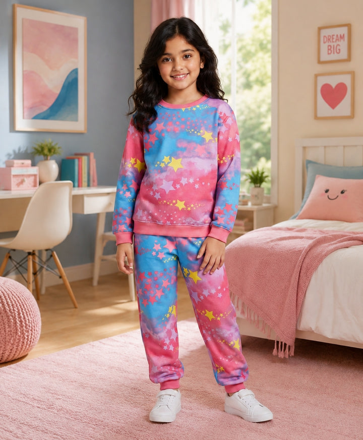 TIE DYE STAR GIRLS FLEECE SWEATSHIRT JOGGER SET - PINK