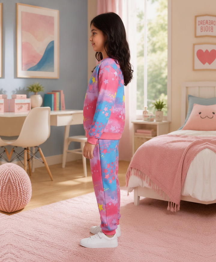 TIE DYE STAR GIRLS FLEECE SWEATSHIRT JOGGER SET - PINK