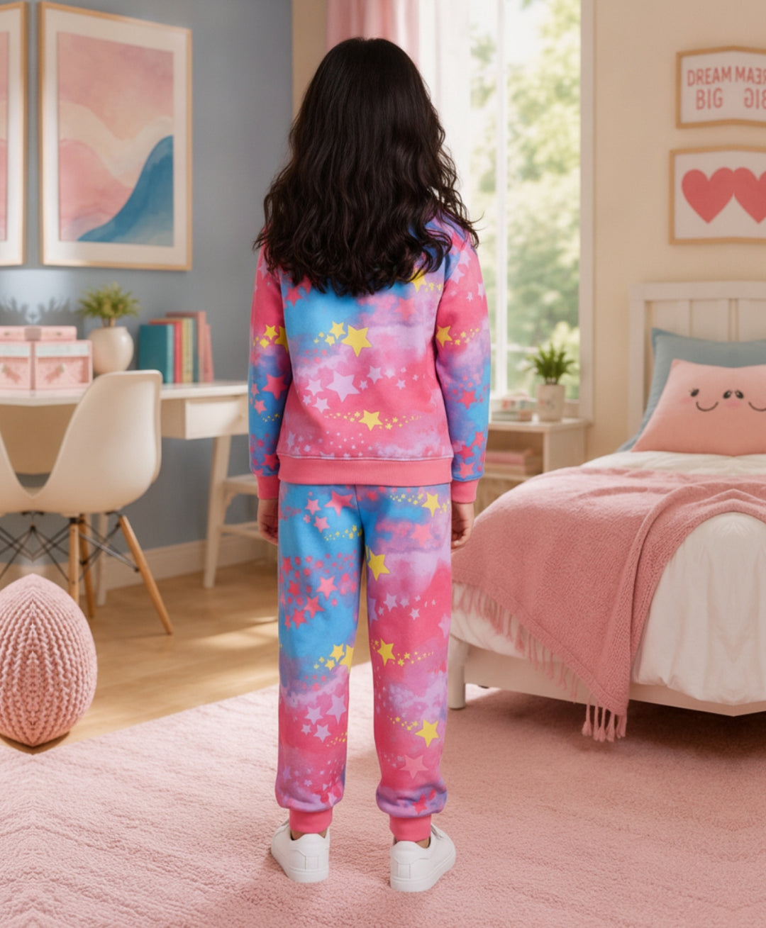 TIE DYE STAR GIRLS FLEECE SWEATSHIRT JOGGER SET - PINK