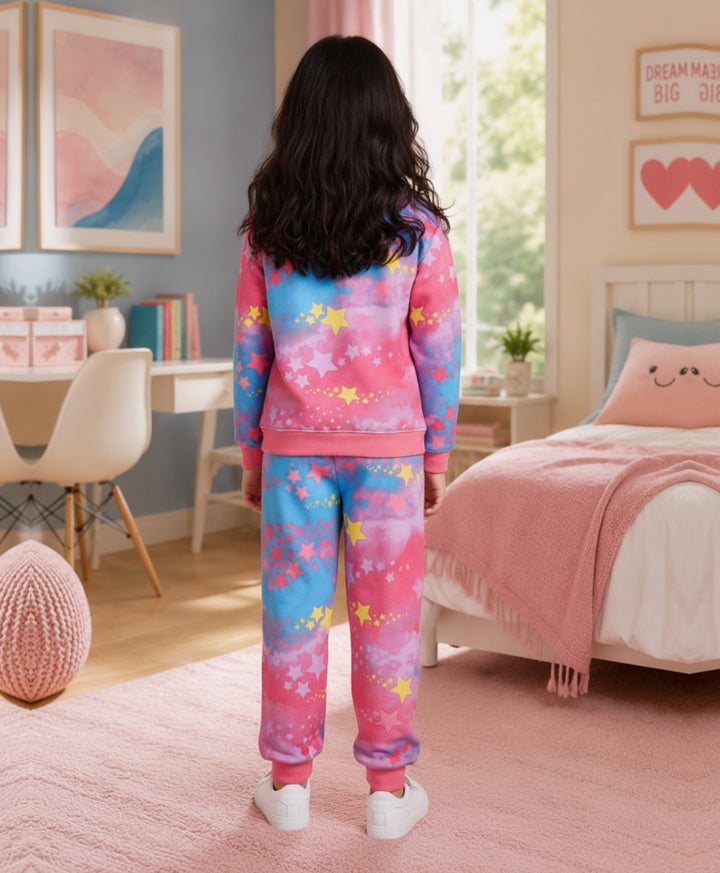 TIE DYE STAR GIRLS FLEECE SWEATSHIRT JOGGER SET - PINK