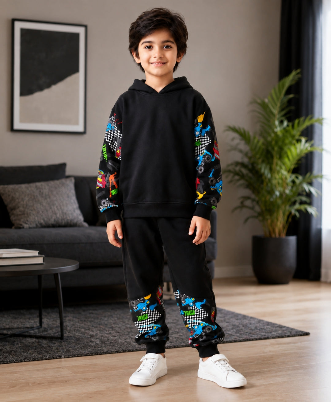TRUCK BLACK COLOR BLOCK BOYS HOODIE JOGGER SET - BLACK