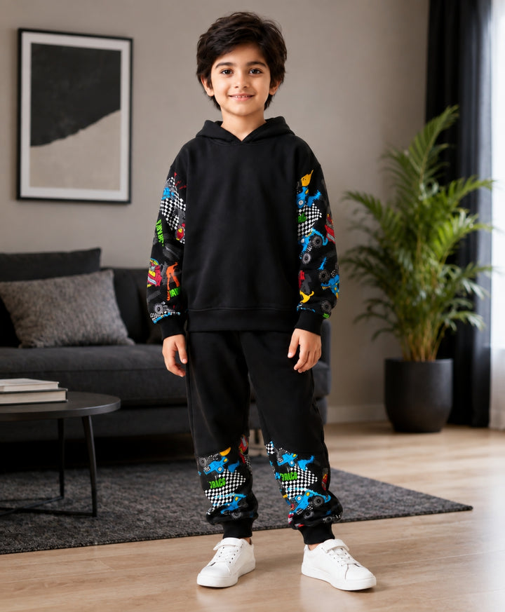 TRUCK BLACK COLOR BLOCK BOYS HOODIE JOGGER SET - BLACK