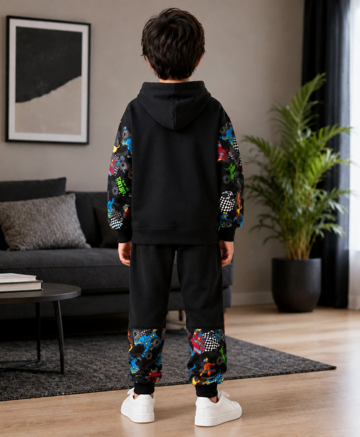 TRUCK BLACK COLOR BLOCK BOYS HOODIE JOGGER SET - BLACK