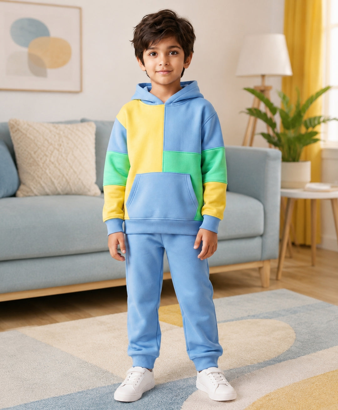 YELLOW SEA GREEN BLUE COLOR BLOCK HOODIE JOGGER SET - YELLOW SEA GREEN