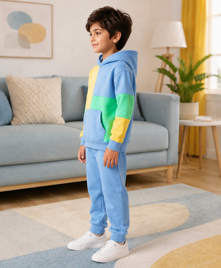YELLOW SEA GREEN BLUE COLOR BLOCK HOODIE JOGGER SET - YELLOW SEA GREEN
