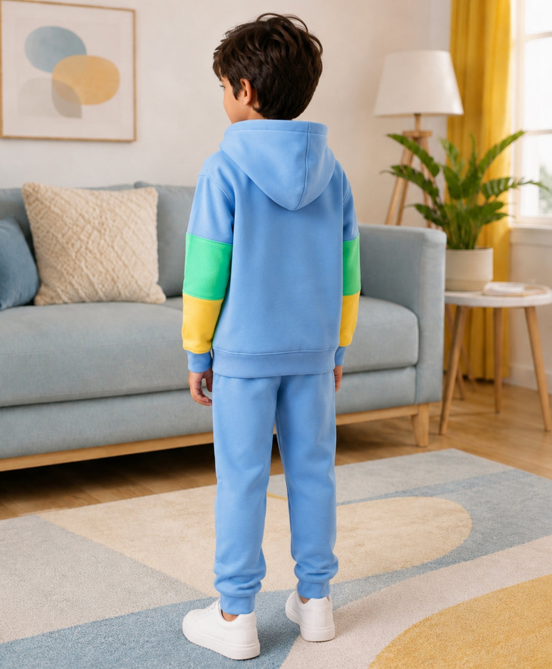 YELLOW SEA GREEN BLUE COLOR BLOCK HOODIE JOGGER SET - YELLOW SEA GREEN