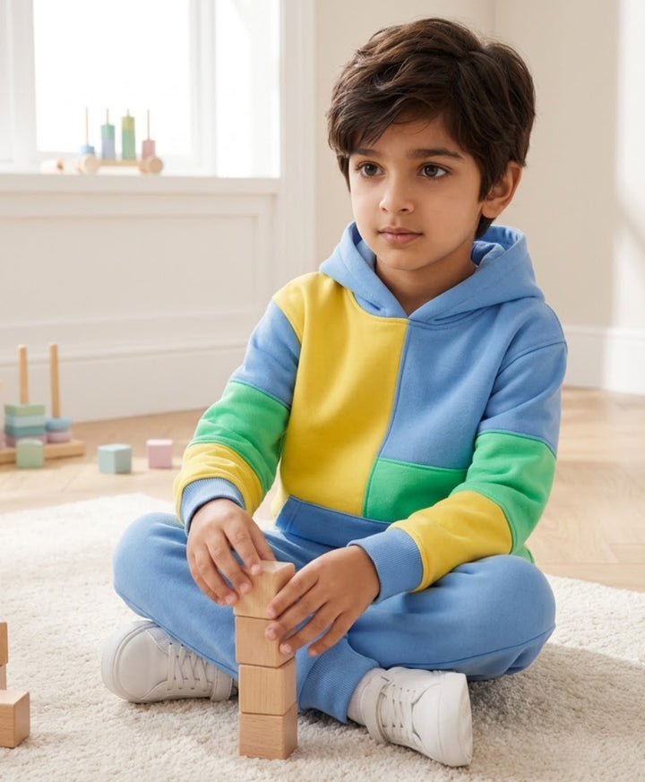 YELLOW SEA GREEN BLUE COLOR BLOCK HOODIE JOGGER SET - YELLOW SEA GREEN