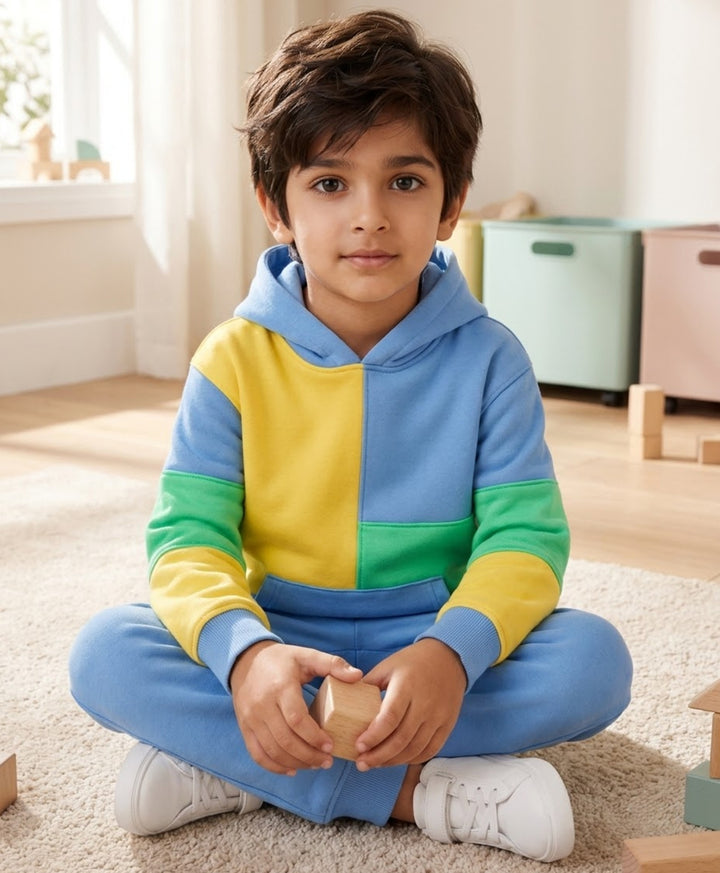 YELLOW SEA GREEN BLUE COLOR BLOCK HOODIE JOGGER SET - YELLOW SEA GREEN