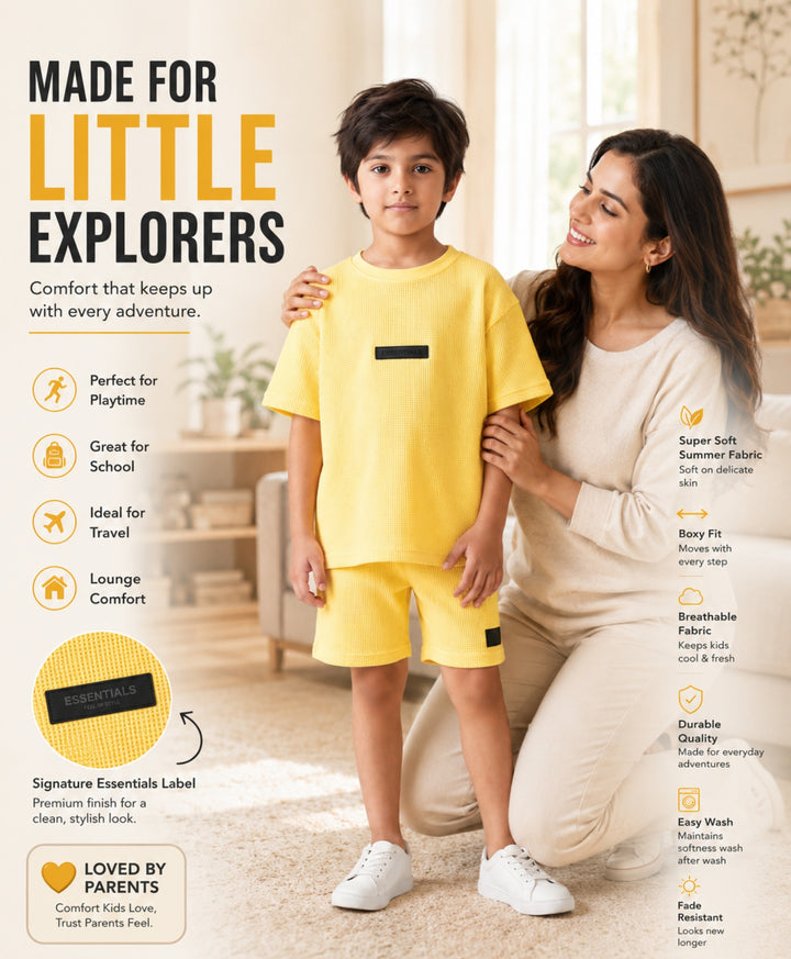 ESSENTIAL YELLOW TEXTURED OVERSIZED T-SHIRT SHORTS SET - YELLOW
