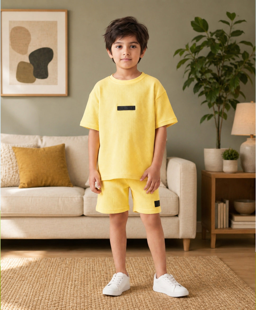 ESSENTIAL YELLOW TEXTURED OVERSIZED T-SHIRT SHORTS SET - YELLOW