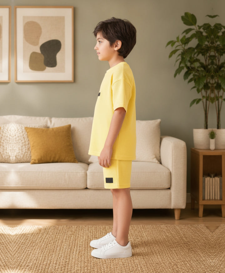 ESSENTIAL YELLOW TEXTURED OVERSIZED T-SHIRT SHORTS SET - YELLOW