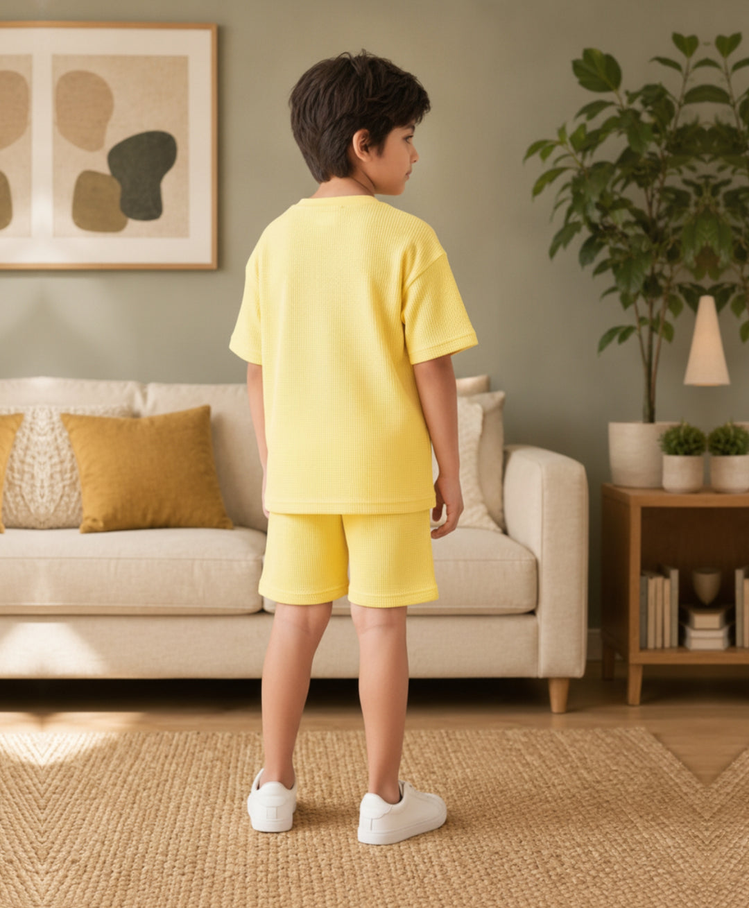 ESSENTIAL YELLOW TEXTURED OVERSIZED T-SHIRT SHORTS SET - YELLOW