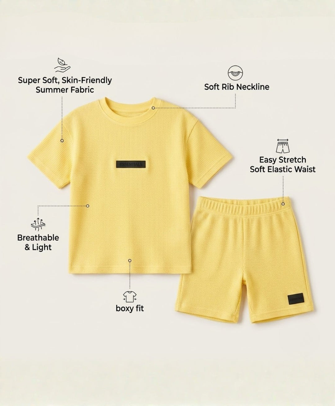ESSENTIAL YELLOW TEXTURED OVERSIZED T-SHIRT SHORTS SET - YELLOW