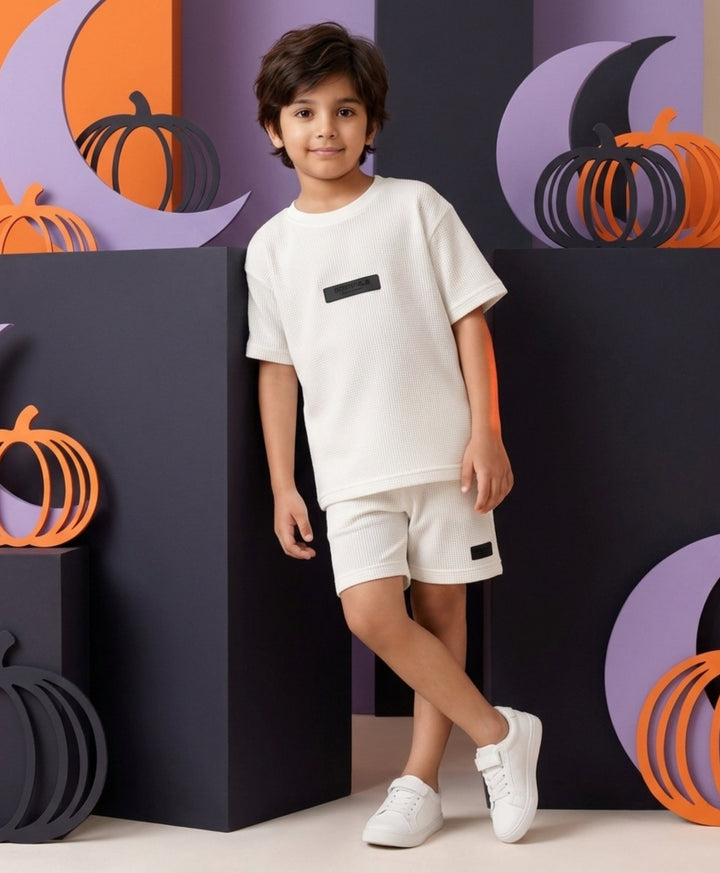 ESSENTIAL WHITE TEXTURED OVERSIZED T-SHIRT SHORTS SET - WHITE