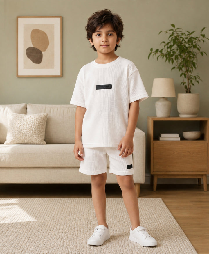 ESSENTIAL WHITE TEXTURED OVERSIZED T-SHIRT SHORTS SET - WHITE