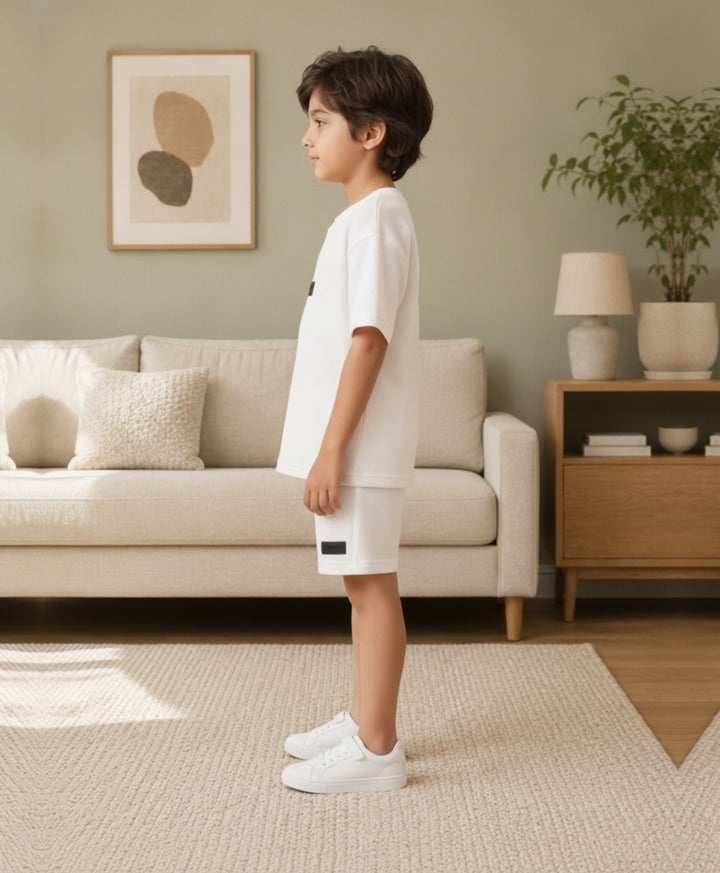 ESSENTIAL WHITE TEXTURED OVERSIZED T-SHIRT SHORTS SET - WHITE