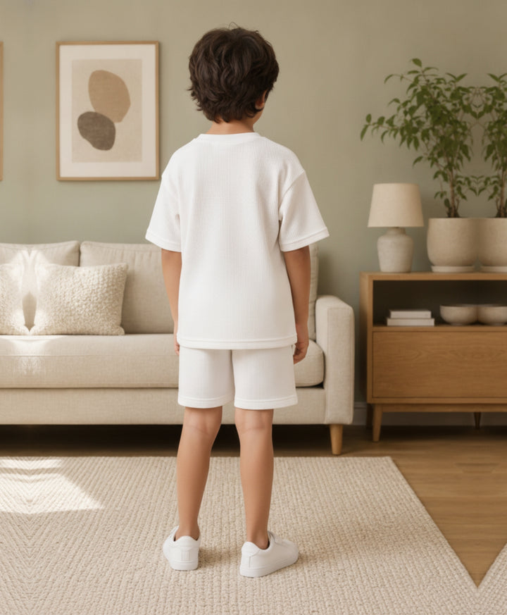 ESSENTIAL WHITE TEXTURED OVERSIZED T-SHIRT SHORTS SET - WHITE