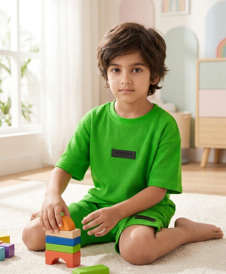 ESSENTIAL GREEN TEXTURED OVERSIZED T-SHIRT SHORTS SET - GREEN