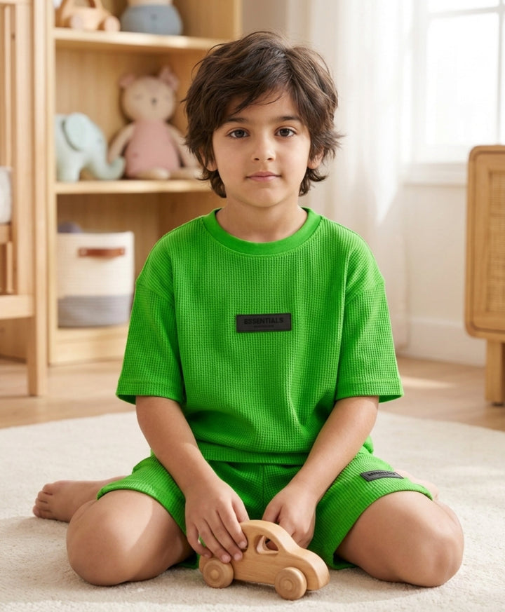 ESSENTIAL GREEN TEXTURED OVERSIZED T-SHIRT SHORTS SET - GREEN