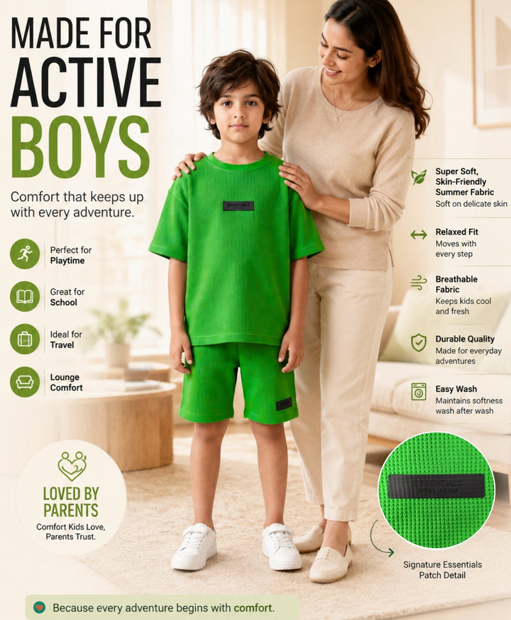 ESSENTIAL GREEN TEXTURED OVERSIZED T-SHIRT SHORTS SET - GREEN