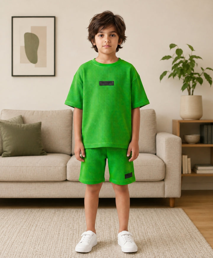 ESSENTIAL GREEN TEXTURED OVERSIZED T-SHIRT SHORTS SET - GREEN