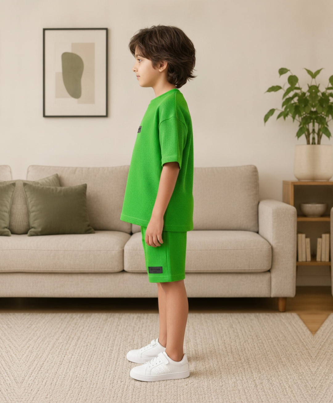 ESSENTIAL GREEN TEXTURED OVERSIZED T-SHIRT SHORTS SET - GREEN