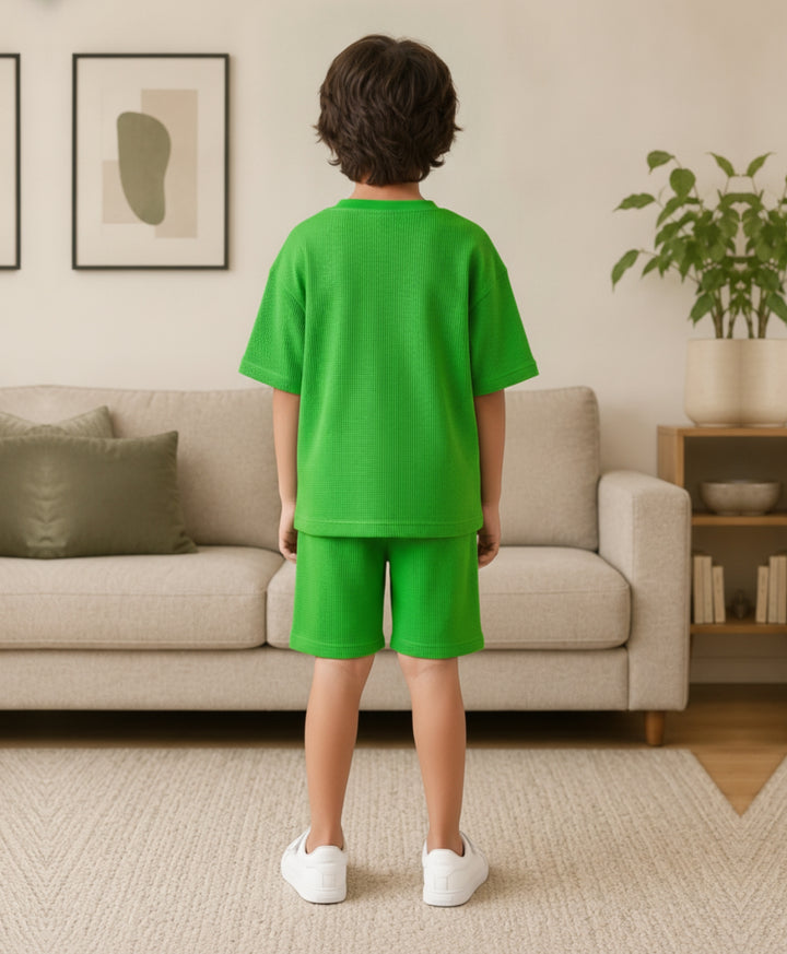 ESSENTIAL GREEN TEXTURED OVERSIZED T-SHIRT SHORTS SET - GREEN