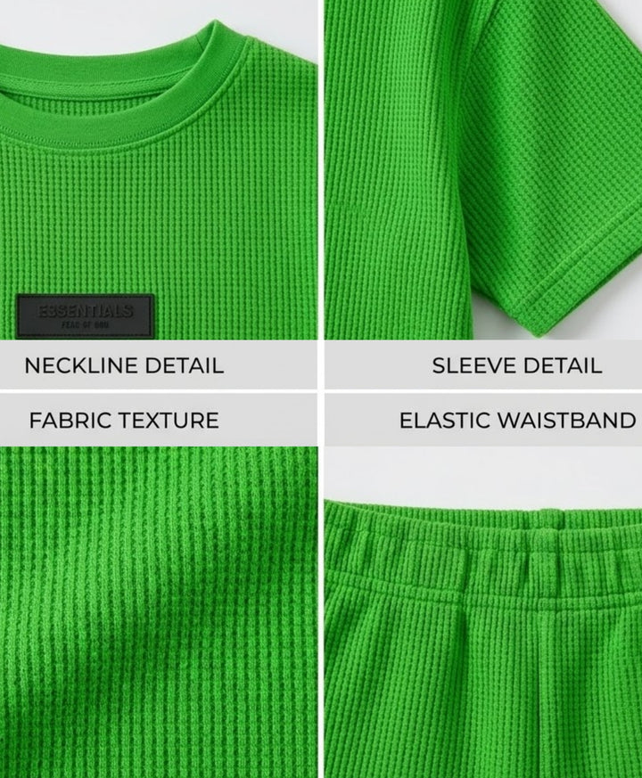 ESSENTIAL GREEN TEXTURED OVERSIZED T-SHIRT SHORTS SET - GREEN