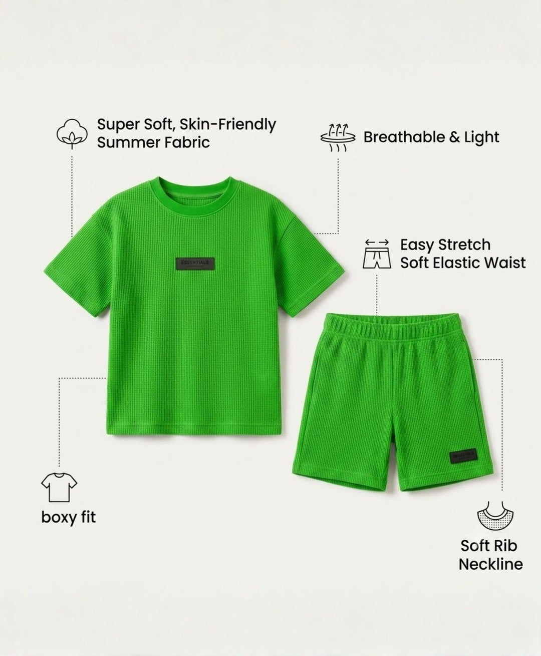 ESSENTIAL GREEN TEXTURED OVERSIZED T-SHIRT SHORTS SET - GREEN