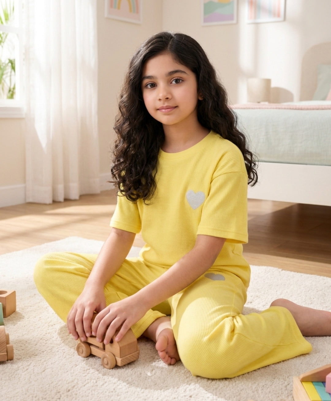 COOL YELLOW HEART ESSENTIAL OVERSIZED T-SHIRT JOGGER SET - YELLOW
