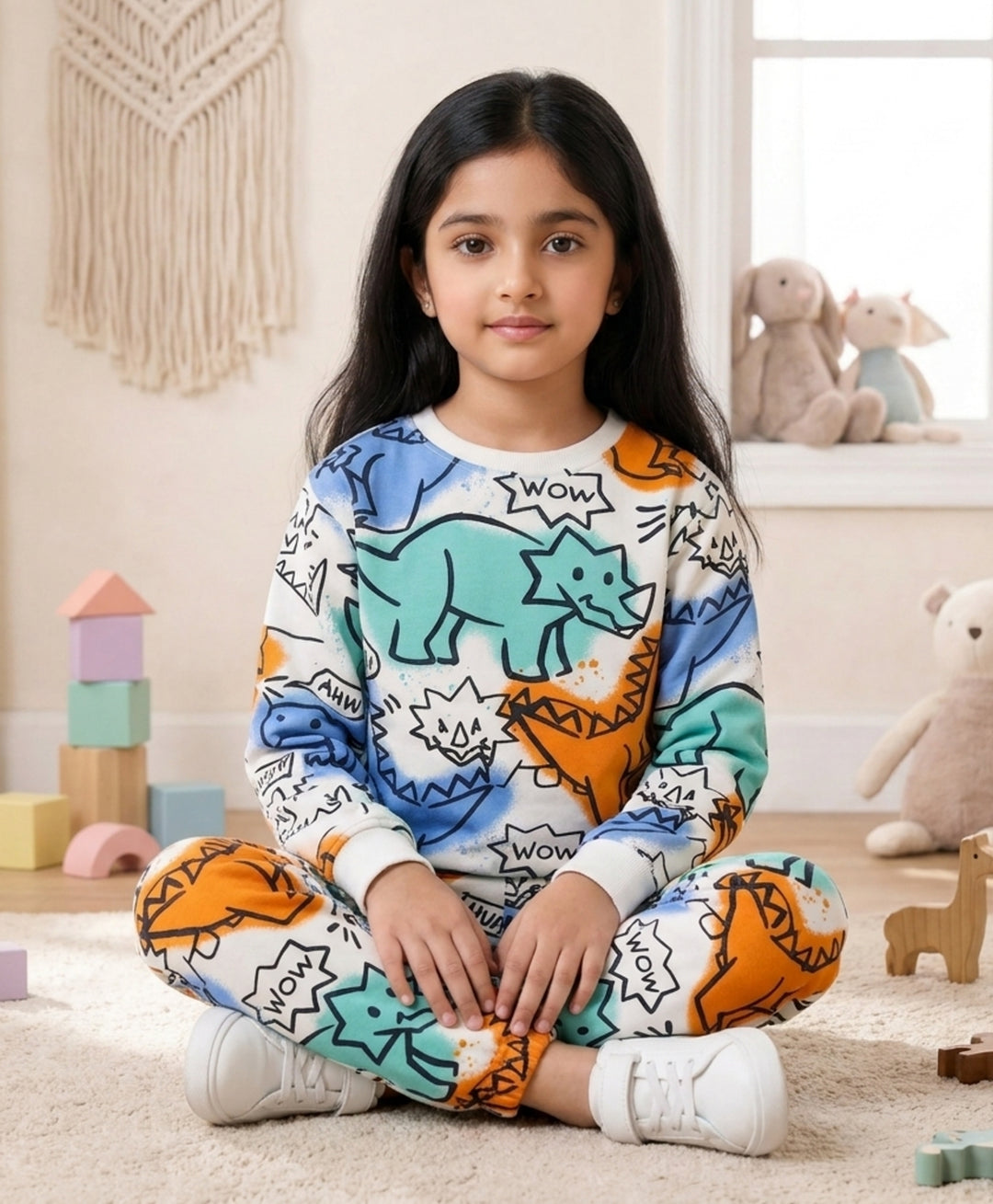 DINOSAUR WOW GIRLS  FLEECE SWEATSHIRT JOGGER SET - WHITE
