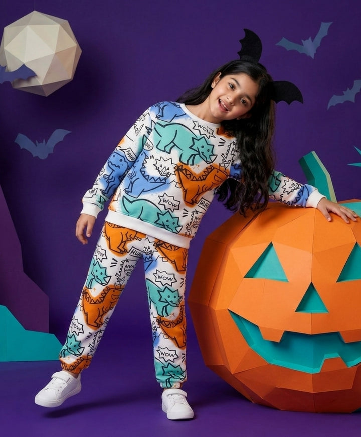 DINOSAUR WOW GIRLS  FLEECE SWEATSHIRT JOGGER SET - WHITE