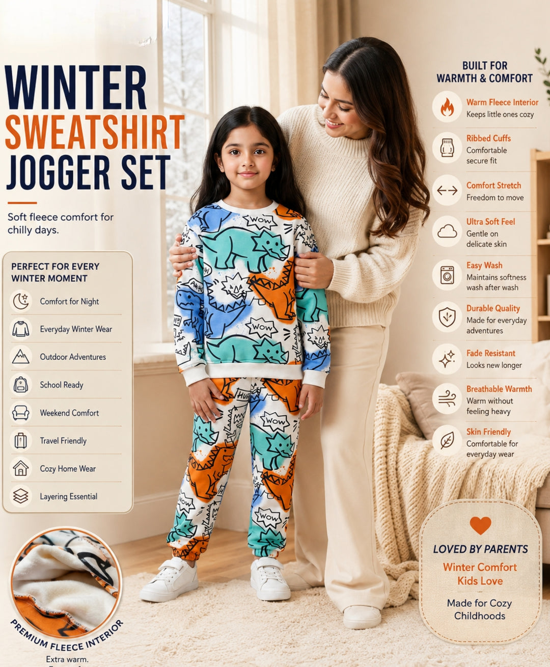 DINOSAUR WOW GIRLS  FLEECE SWEATSHIRT JOGGER SET - WHITE