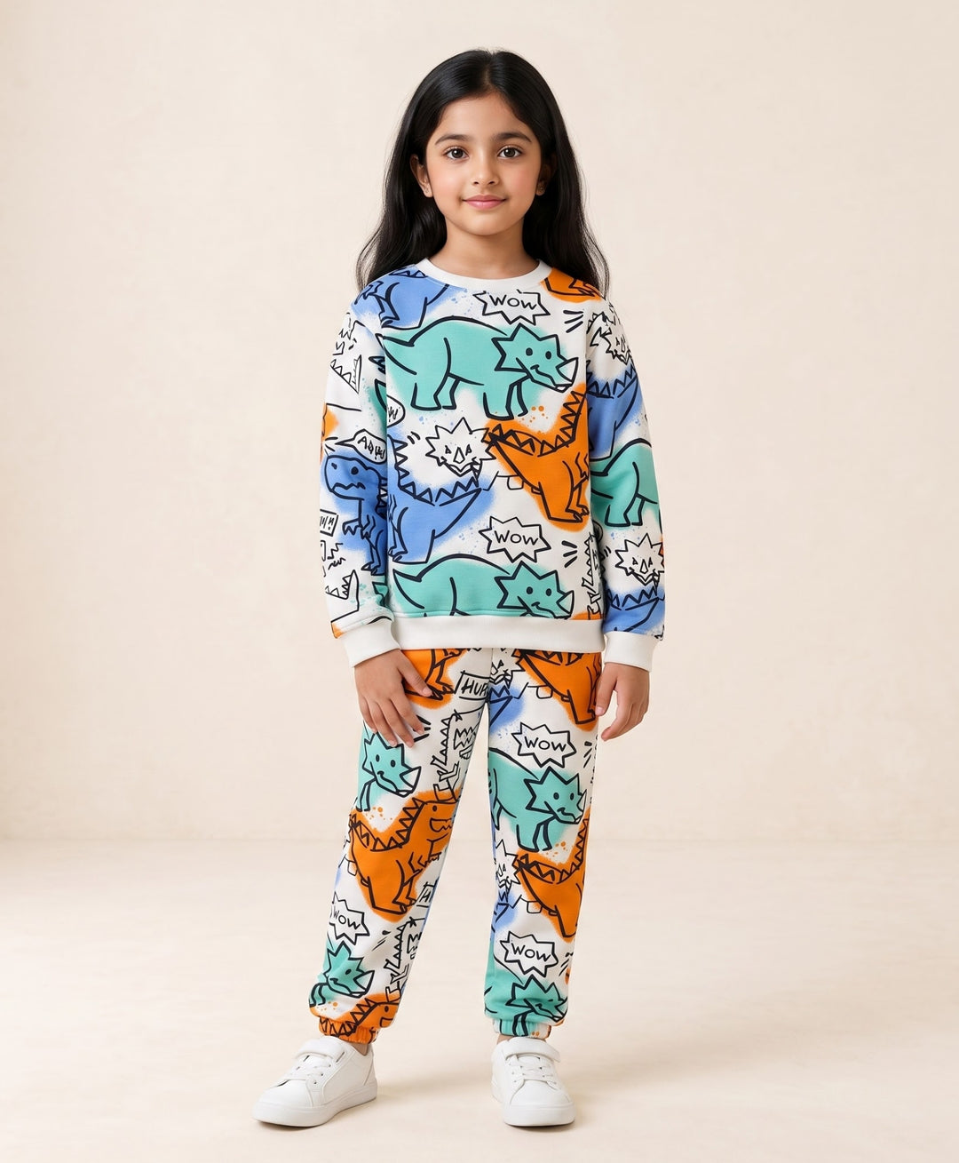 DINOSAUR WOW GIRLS  FLEECE SWEATSHIRT JOGGER SET - WHITE