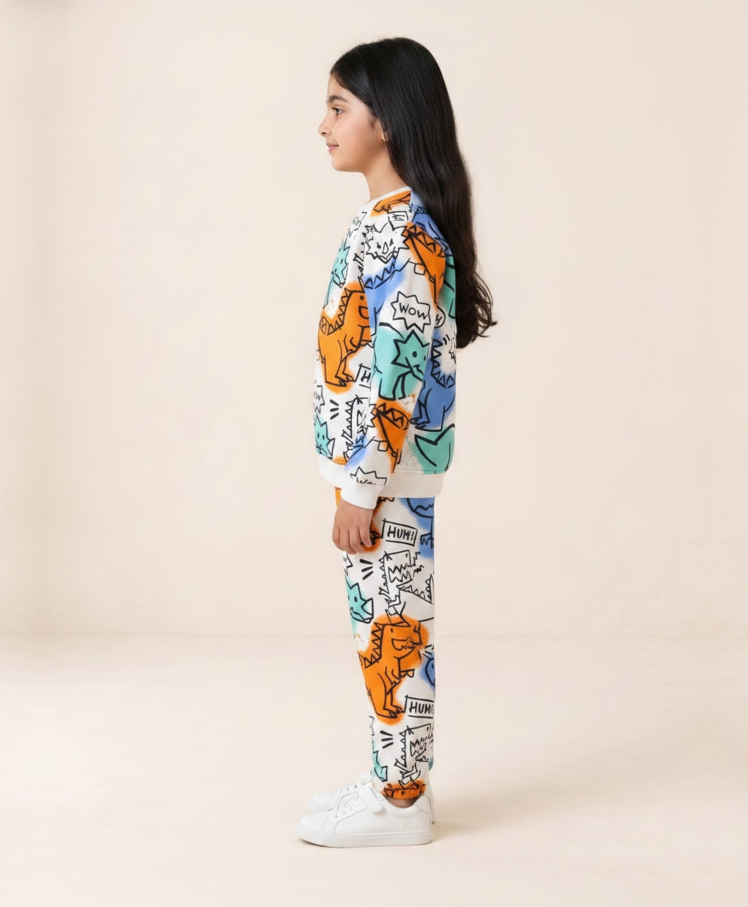 DINOSAUR WOW GIRLS  FLEECE SWEATSHIRT JOGGER SET - WHITE