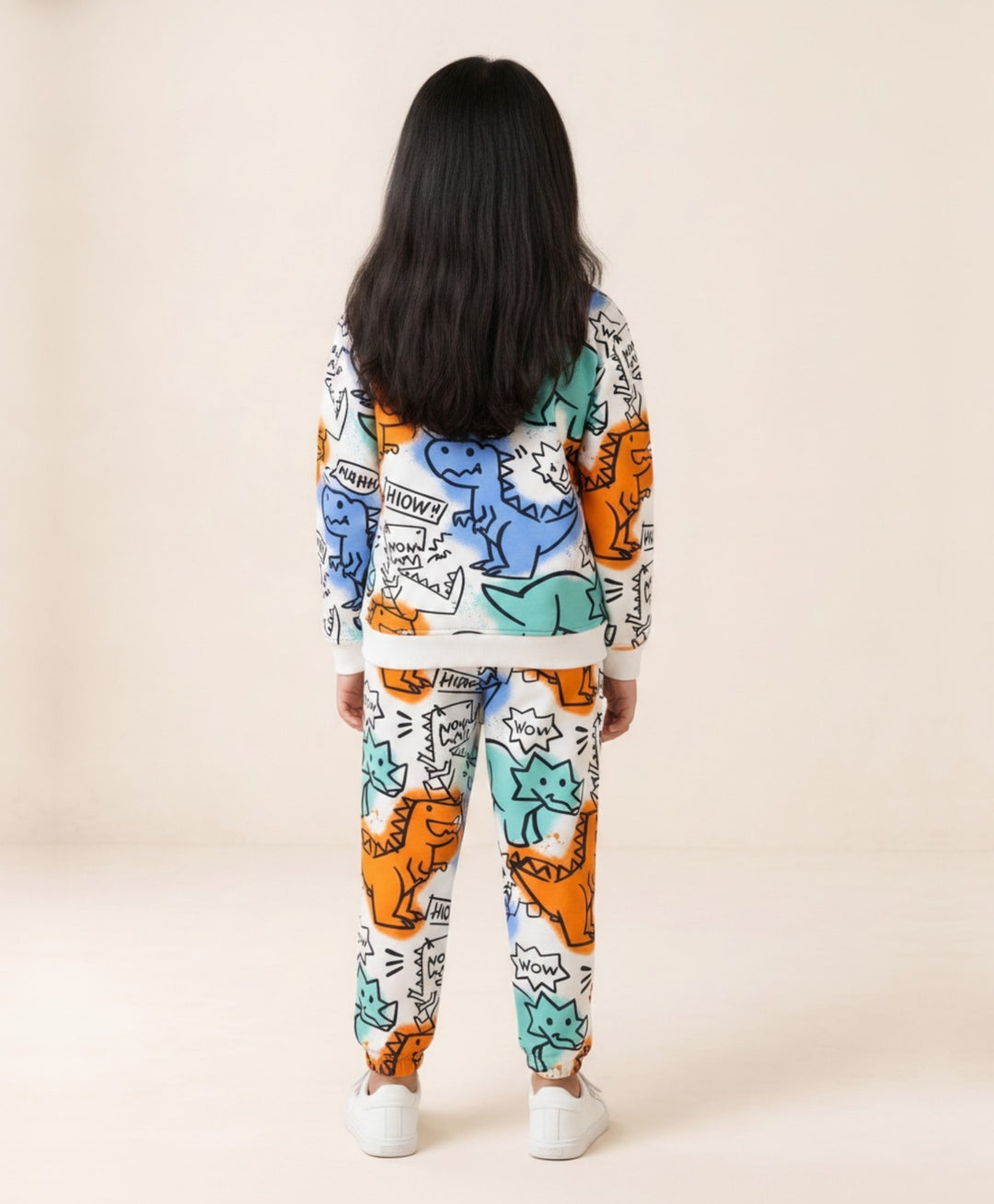 DINOSAUR WOW GIRLS  FLEECE SWEATSHIRT JOGGER SET - WHITE