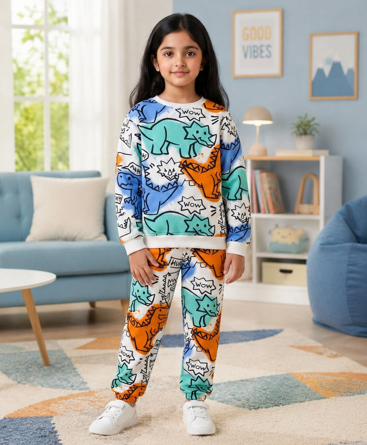 DINOSAUR WOW GIRLS  FLEECE SWEATSHIRT JOGGER SET - WHITE