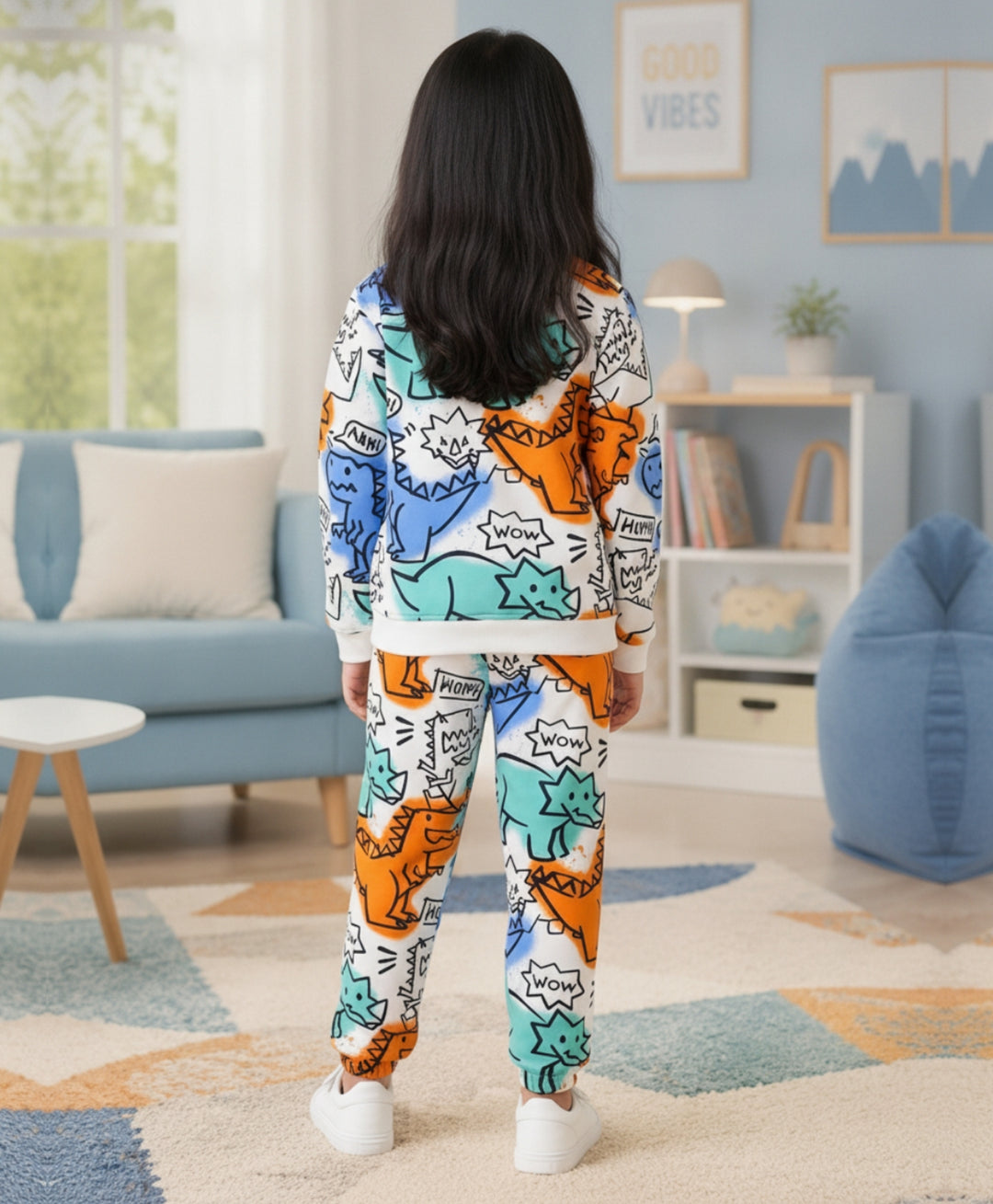 DINOSAUR WOW GIRLS  FLEECE SWEATSHIRT JOGGER SET - WHITE