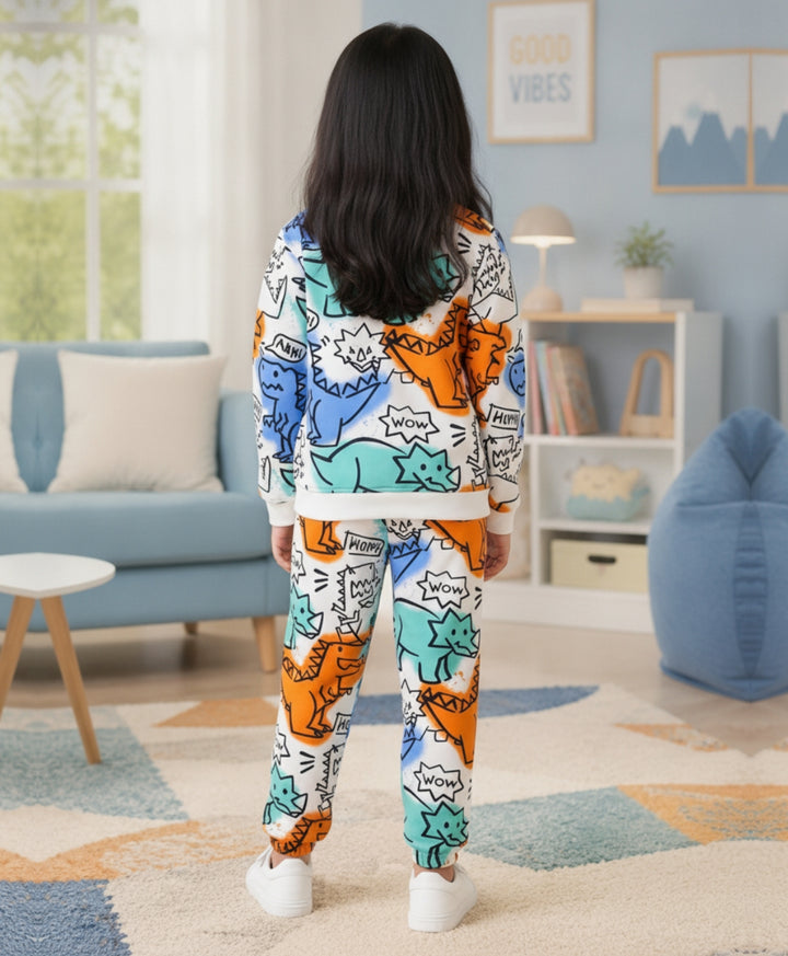 DINOSAUR WOW GIRLS  FLEECE SWEATSHIRT JOGGER SET - WHITE