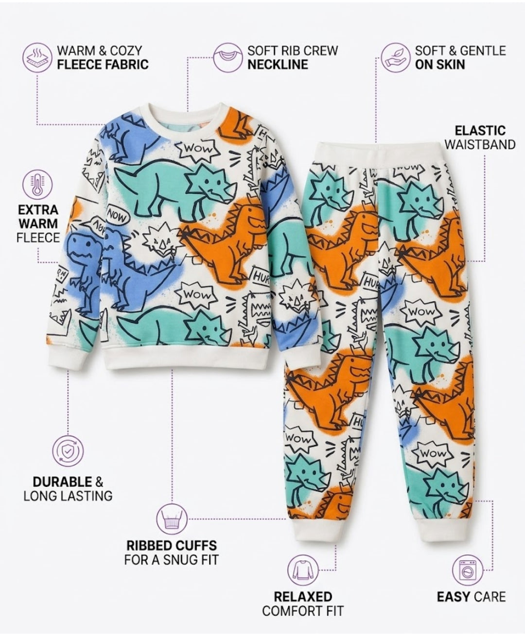 DINOSAUR WOW GIRLS  FLEECE SWEATSHIRT JOGGER SET - WHITE