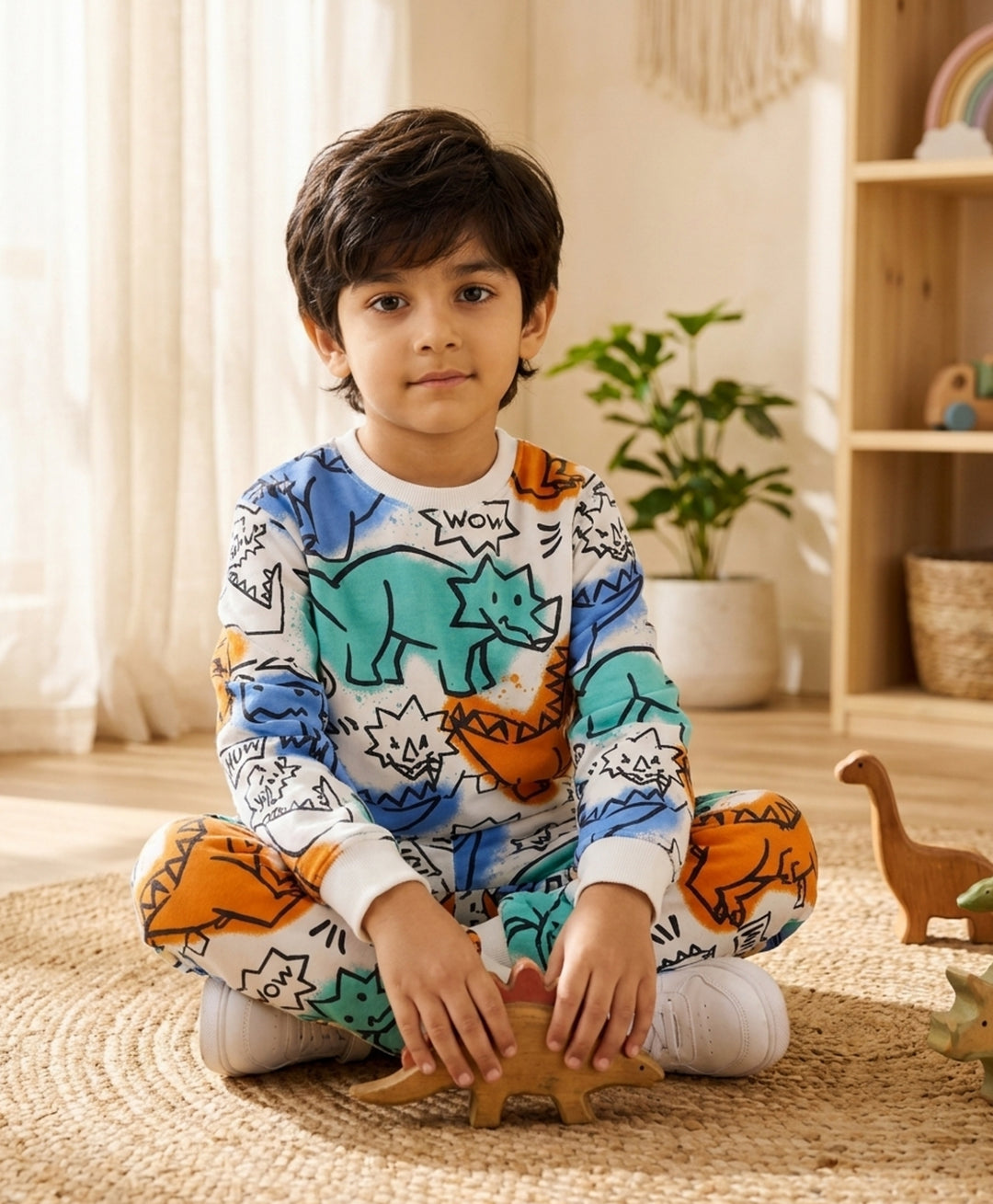 DINOSAUR WOW FLEECE SWEATSHIRT JOGGER SET - WHITE